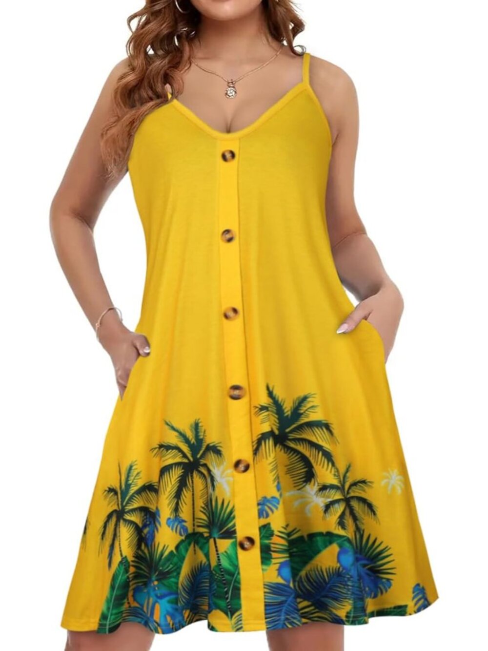 Women's Yellow Summer Dresses Spaghetti Strap Button Down V Neck Sundress Beach